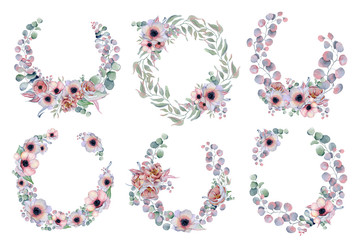 watercolor wreaths frames set with anemone, peonies flowers and herbs