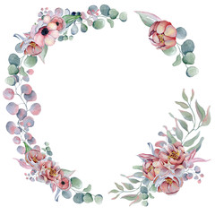 watercolor wreath frame with anemone, peonies flowers and herbs
