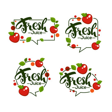 vector collection of bright   stickers, emblems logo and labels for red apple fresh  juice with lettering composition