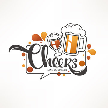 Cheers, vector illustration with draft beer mugs and lettering composition for your pub logo, label, menu, emblem