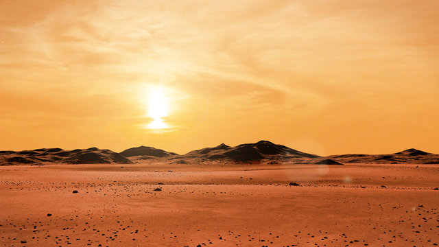 landscape on planet Mars at sunrise, desert with mountain range on the red planet