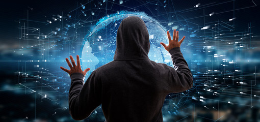 Hacker activating 3d rendering data earth globe