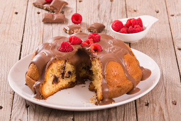 Chocolate cake with raspberries.