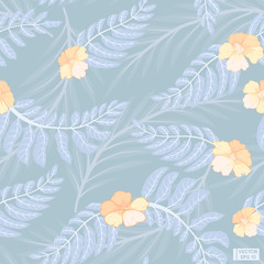 Blue tropical leaves, seamless pattern.