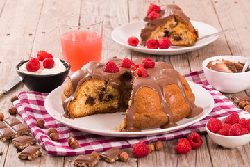 Chocolate cake with raspberries.