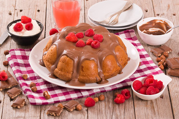 Chocolate cake with raspberries.