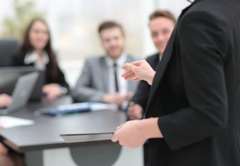 business woman with documents on blurred background office