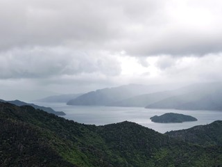 Misty green fjord on a cloudy day, New Zealand
