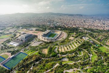 Barcelona aerial panorama, sport complex on the hill with city skyline , Spain