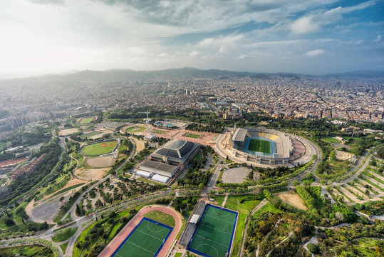 Barcelona aerial wide angle panorama, Anella Olimpica complex with city skyline , Spain