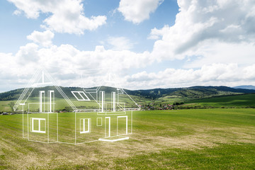Obraz premium House project on the meadow. Concept of dreams about a new home. Contours of the house in 3d on a meadow.
