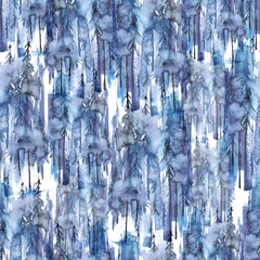 Wallpaper murals Forest  Seamless watercolor pattern, background. Blue spruce, pine, cedar, larch, abstract forest, silhouette of trees. Foggy forest 
