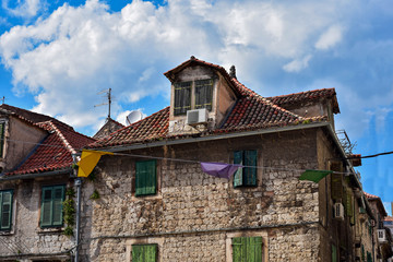 Scenic view of Split, old, historic traditional architecture buildings and narrow streets in Croatia, European travel destination in Europe.