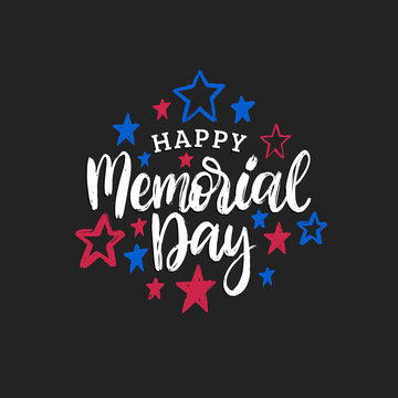 Happy Memorial Day handwritten phrase in vector. National american holiday illustration with color stars.