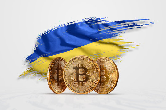 Crypto currency, gold coin BITCOIN BTC. Coin bitcoin against the background of the flag of Ukraine. The concept a new currency, Blockchain Technology , a token. Mixed media