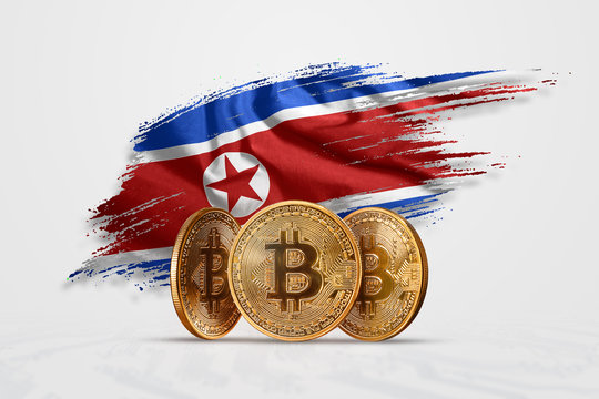 Crypto currency, gold coin BITCOIN BTC. Coin bitcoin against the background of the flag of North Korea. The concept a new currency, Blockchain Technology , a token. Mixed media - Powered by Adobe