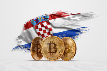 Crypto currency, gold coin BITCOIN BTC. Coin bitcoin against the background of the flag of Croatia. The concept a new currency, Blockchain Technology , a token. Mixed media
