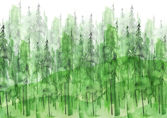 Watercolor group of green trees. Green, summer forest, landscape.  Drawing on white isolated background. Abstract logo, splash of green paint, stylish  illustration. Slope, hill, forest landscape.