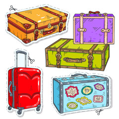 set travel bags, retro suitcase with belt, suitcase on wheels and stickers on suitcases