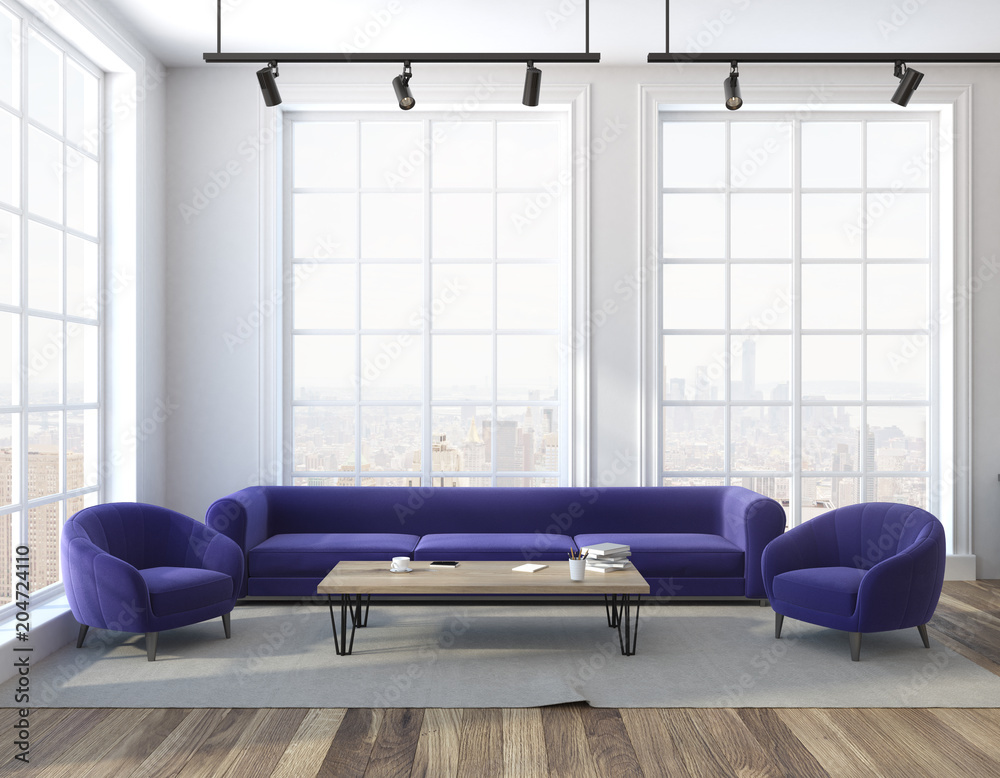 Wall mural Loft living room purple sofa, two armchairs