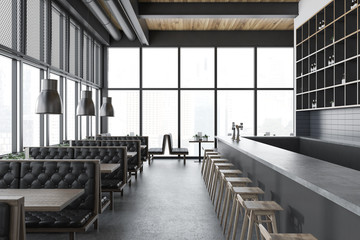 Loft white brick bar interior, wine shelves