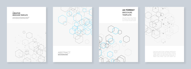 Minimal brochure templates with hexagons and lines on white. Hexagon infographic. Digital technology, science or medical concept.Templates for flyer, leaflet, brochure, report, presentation
