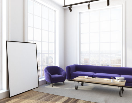 Living room purple sofa and armchair, poster side