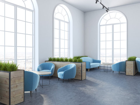 Arched window cafe corner, cyan armchairs