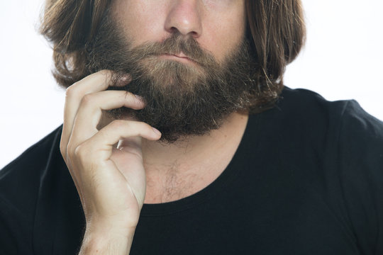 Closeup To Mature Man Scratching Beard, Thoughtful Gesture Itchy Beard