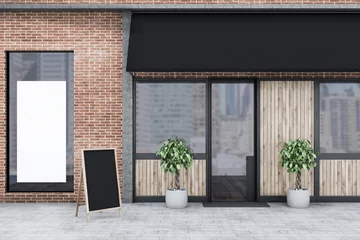 Plaid avec motif Restaurant Portes en bois extérieures de restaurant de brique, bannière