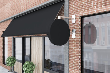 Side view of a modern pub exterior, signpost
