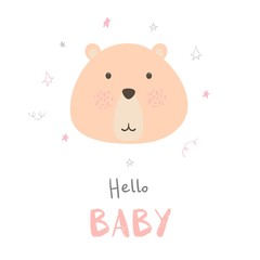 Hello baby. Cute card with cartoon bear and stars. Baby shower card design. Vector illustration