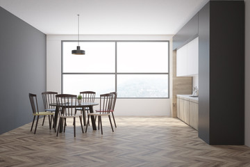 Gray kitchen and dining room interior
