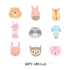 Cute animals. Set of hand drawn smiling characters. Cartoon zoo. Cat, lama, horse, raccoon, sheep, owl, rabbit, squirrel and bear. Vector illustration.
