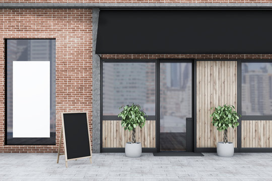 Brick restaurant exterior wooden doors, banner