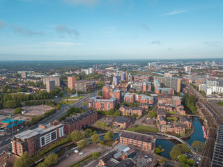 Manchester City Centre Drone Aerial View Above Building Work Skyline Construction Blue Sky Summer Beetham Tower Deansgate.