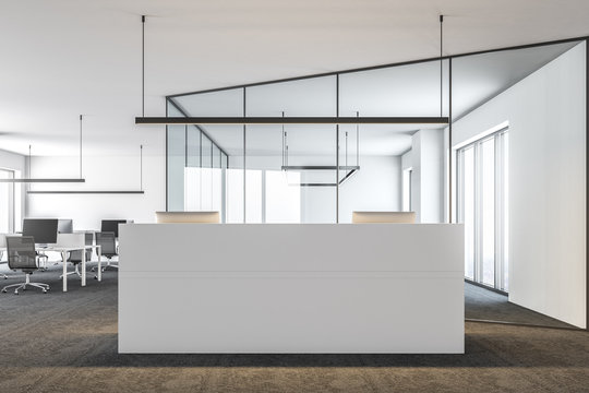 Modern office lobby, white reception