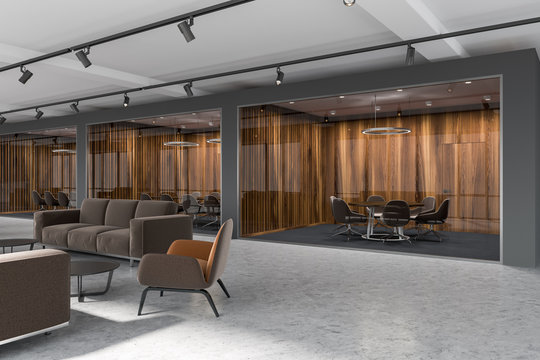 Luxury office lobby, dark wood meeting room