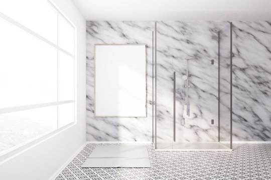 Modern bathroom marble walls and poster, shower