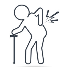 Elderly man with stick and injury of the back pain icon, Medical sign simple line icon vector illustration