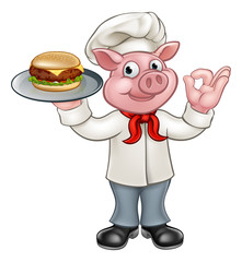 Cartoon Character Pig Chef Holding Burger