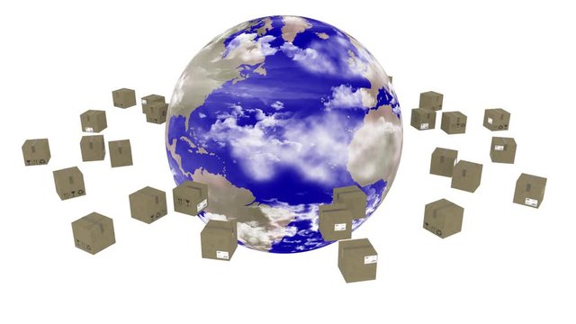 Animazione illustrazione 3D. Spedizione intorno al mondo. Pacchi ruotano attorno al globo per essere consegnati..
