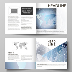 The vector illustration of the editable layout of two covers templates for square design bi fold brochure, magazine, flyer, booklet. Technology concept. Molecule structure, connecting background.