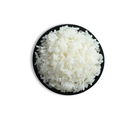 top view rice in bowl isolated on white background