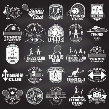 Set of fitness and tennis club concept with girls doing exercise and tennis player silhouette.