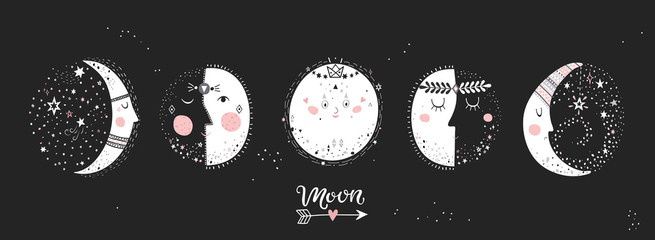 Moon phases, characters image on black background. Hand drawn vector illustration of cycle from new to full moon.Vector illustration.