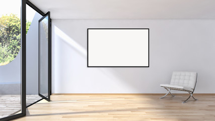 Modern bright interiors apartment with mockup poster frame 3D rendering