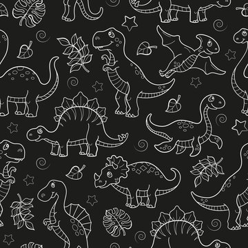 Seamless pattern with dinosaurs and leaves, contoured animals on dark  background