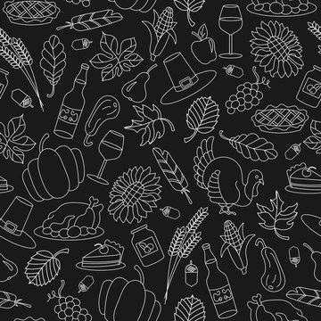 Seamless pattern for holiday Thanksgiving day, a simple hand-drawn light contour shape on dark  background