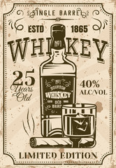 Bottle whiskey with glass, cigar vintage poster